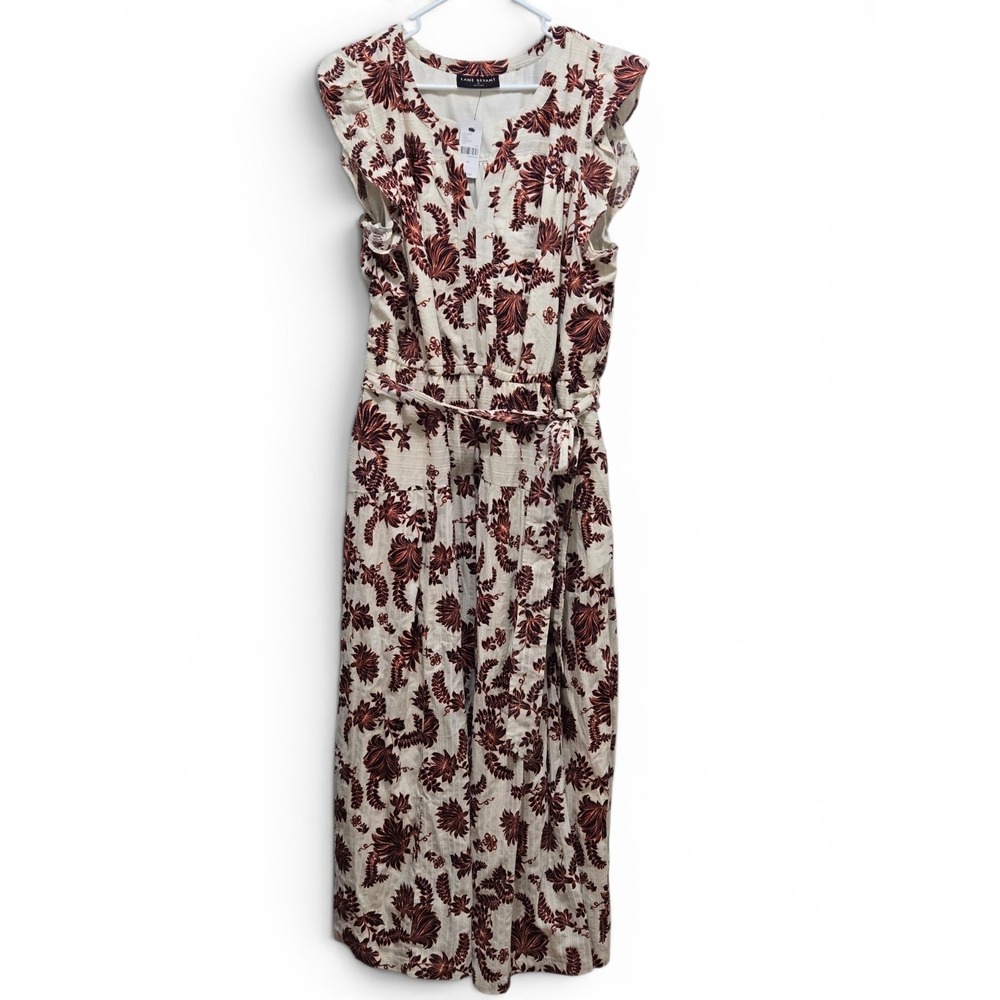 Lane Bryant Floral Cotton Midi Dress NWT Ruffle Sleeve Belted Pocket Cream - Picture 2 of 12